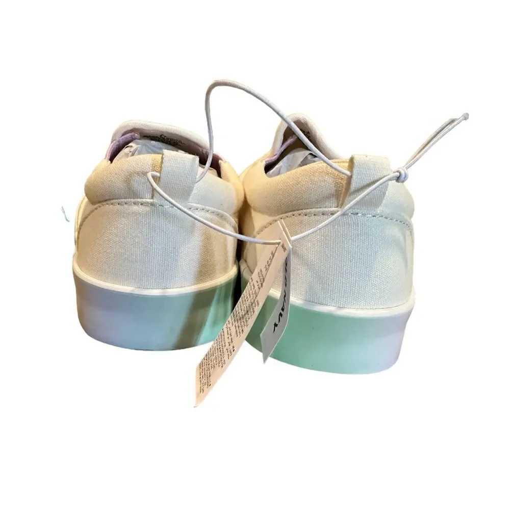 NWT Girls White Slip On Shoes trimmed in pink and green Loafers School- Size 5